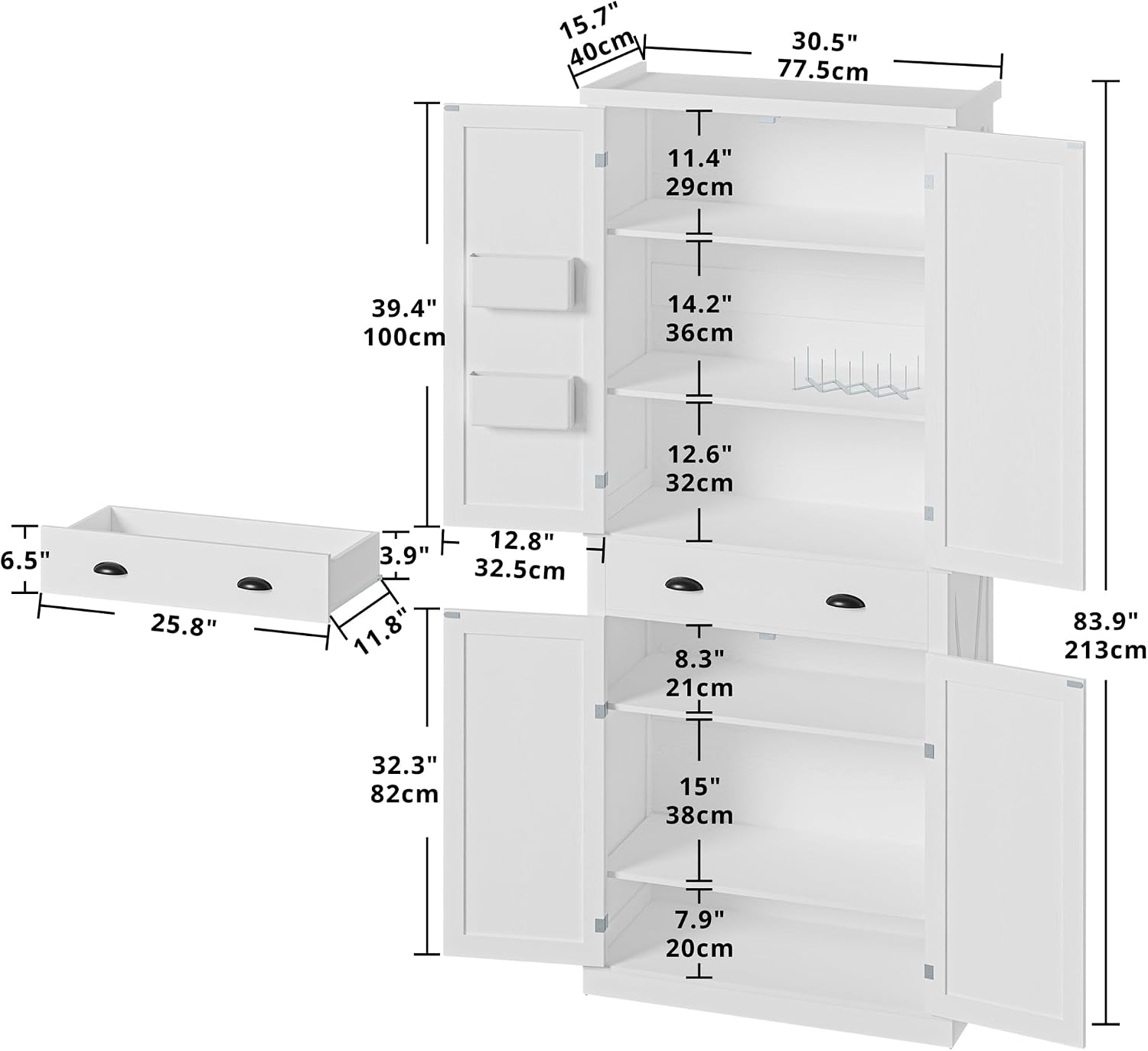 IRONCK Kitchen Pantry Storage Cabinet 83.9' H, with Barn Doors, Drawer, 4 Adjustable Shelves, Freestanding Cupboard for Dining Room Living Room, Laundry, White