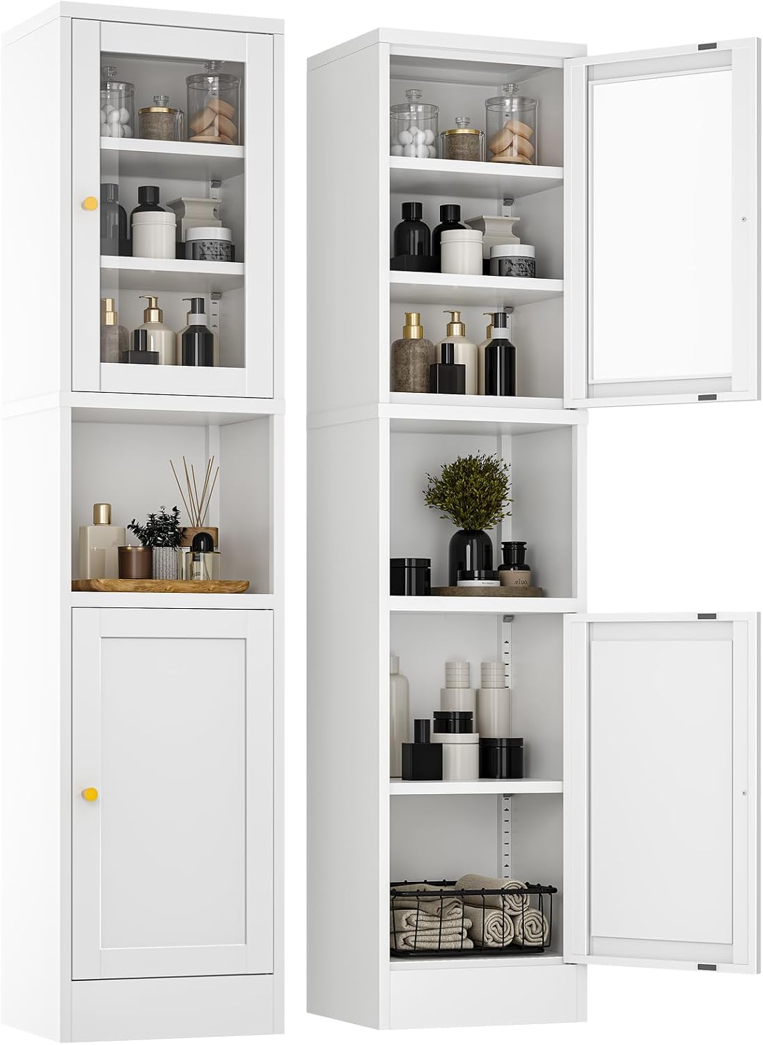 YAUWOH Metal Storage Cabinet with Glass Door, Tall Slim Pantry Organizer with 3 Adjustable Shelves (120LBS/Shelf), Anti-Tipping Waterproof Cabinet for Kitchen/Home Office/Small Spaces,(1PC,White)