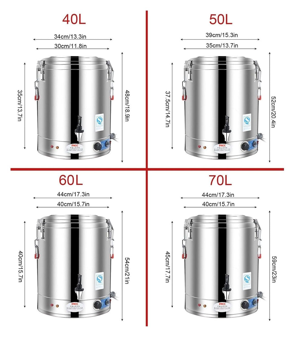 Commercial Hot Water Urn Dispenser, 40L 50L 60L 70L Large Capacity Stainless Steel Beverage Boiler with Temperature Control (86-230°F) for Coffee, Office, Restaurant, Home Use