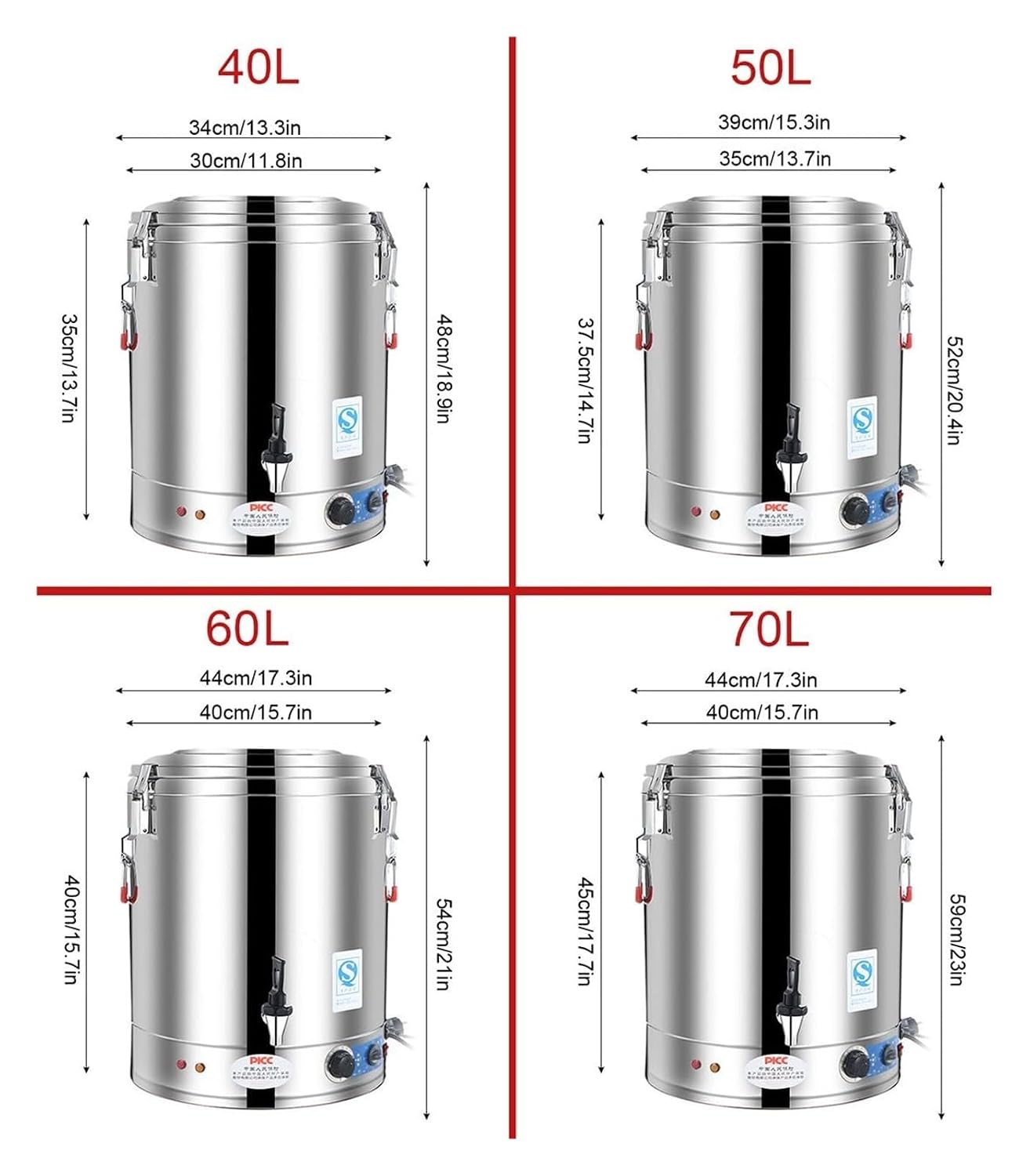 Commercial Hot Water Urn Dispenser, 40L 50L 60L 70L Large Capacity Stainless Steel Beverage Boiler with Temperature Control (86-230°F) for Coffee, Office, Restaurant, Home Use