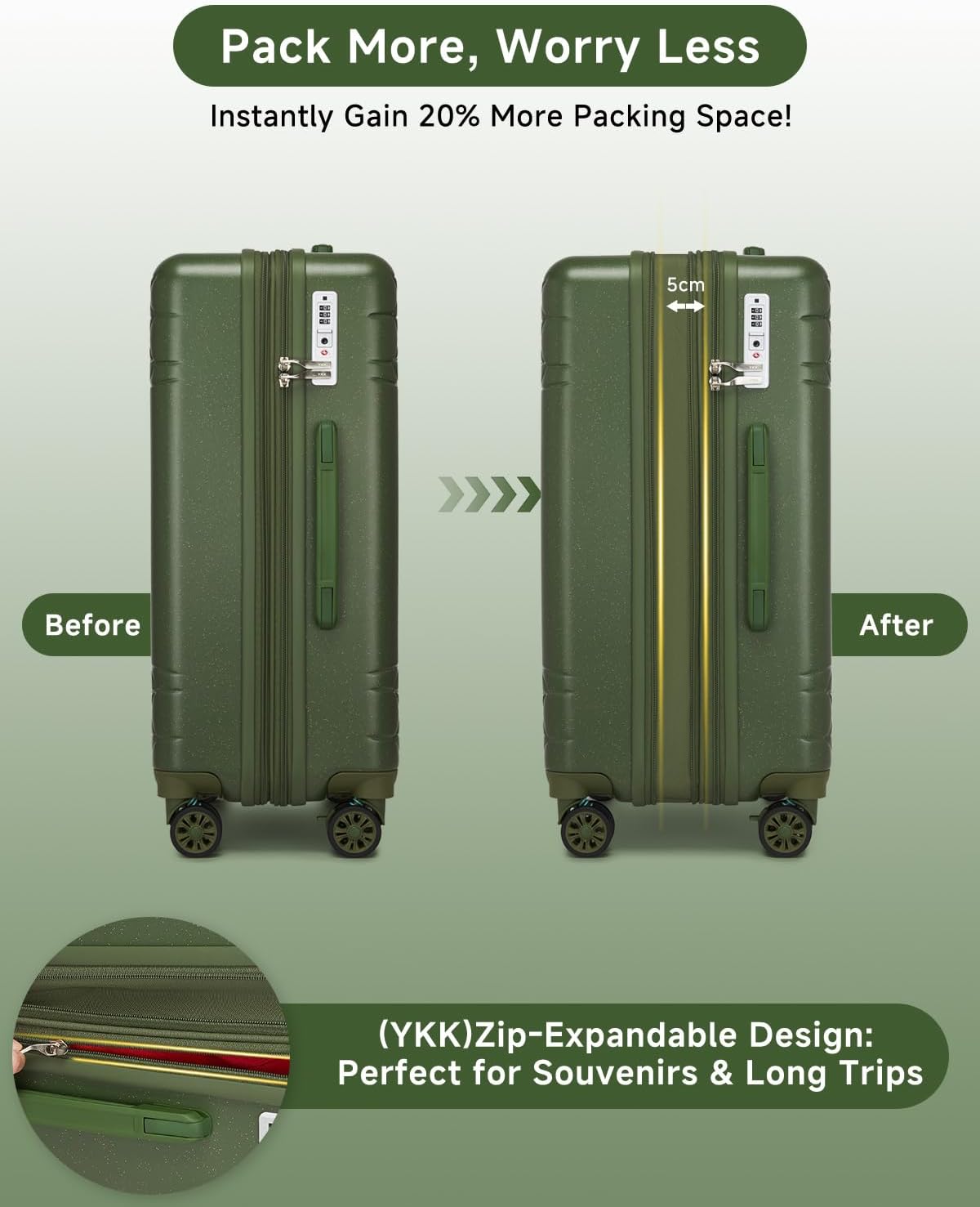 Somago 3 Piece Luggage Set with Cup Holder, Expandable 25% Capacity Suitcase with Shock-Absorbing Braking Spinner Wheels Moon Star Design Hardside Suitcase with TSA Lock (Army Green,Expandable Sets)
