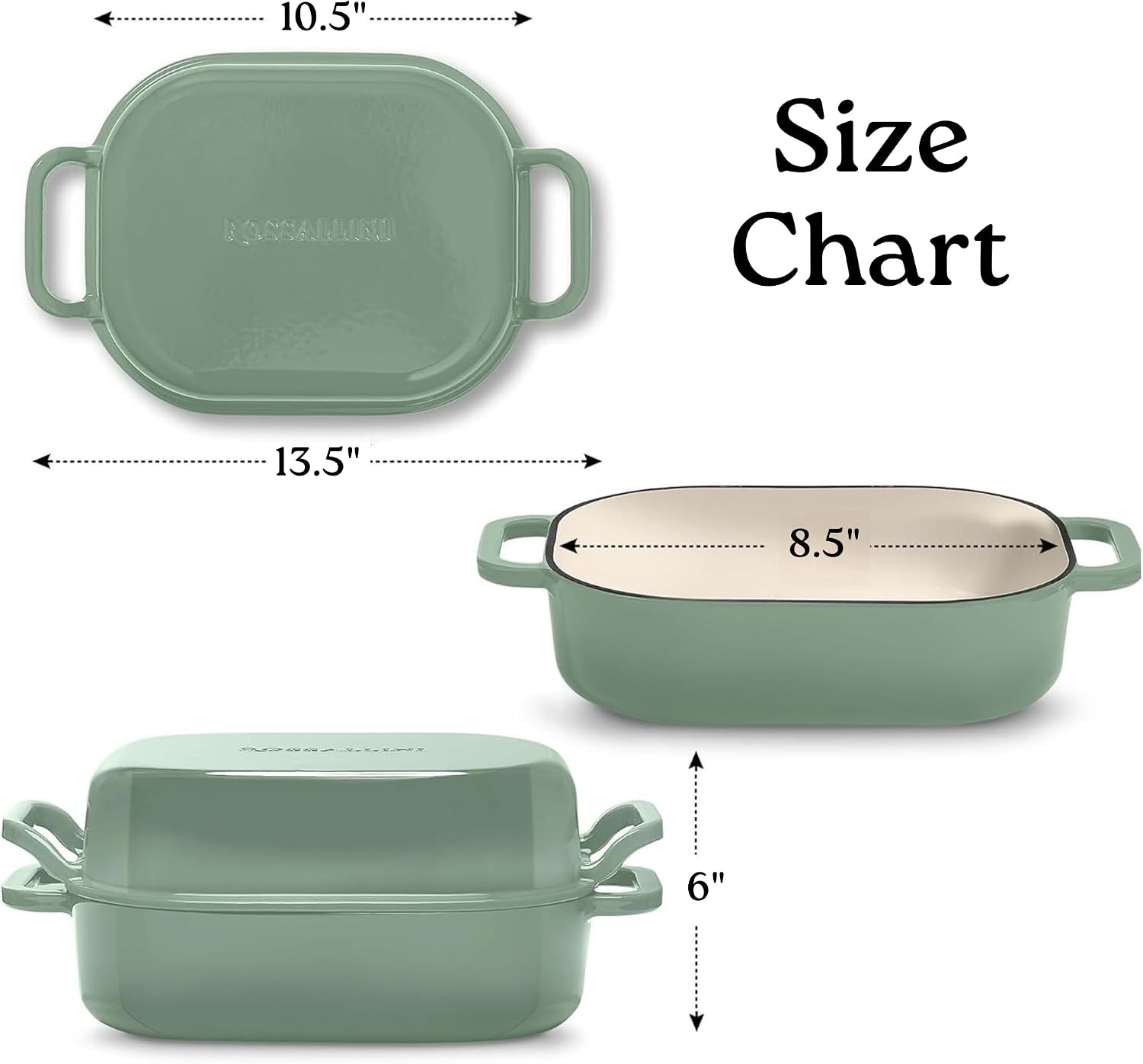 ROSSALLINI Signature Enameled Cast Iron Sourdough Bread Oven | Non-Stick with Tight Fitting Lid for Perfect Baking and Bread Making | 6QT Rectangle Oven With Lid [Sage Green]