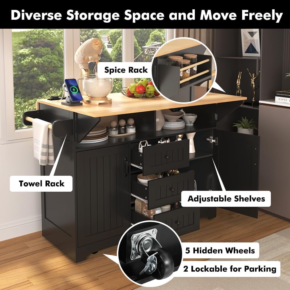 Kitchen Island with 2 Drop Leaf, Home Cart Island on Wheels Foldable Dining Table with Power Outlets,3 Drawers,Storage Cabinet, Tower Rack(Black)
