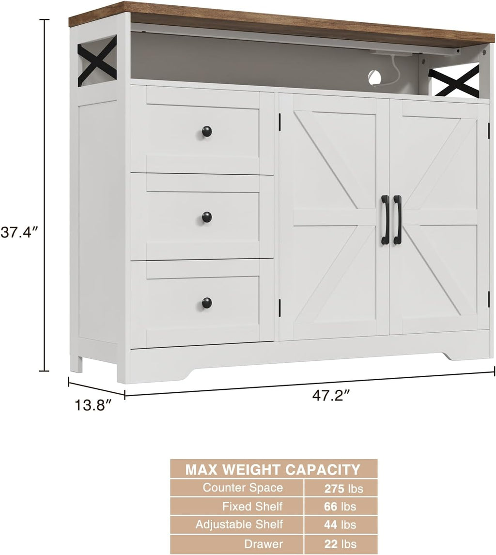 Befrases Farmhouse Buffet Cabinet with Drawers & Open Shelf, Sideboard with Storage, Kitchen Pantry Cabinet Hutch, Coffee Bar Station for Kitchen, Livingroom, 47' L White