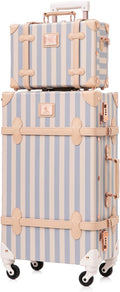 UNIWALKER Vintage Suitcase Set for Women, 2 Piece Retro Spinner Trunk Luggage with Cosmetic Handbag, 24'+12', Blue Strip
