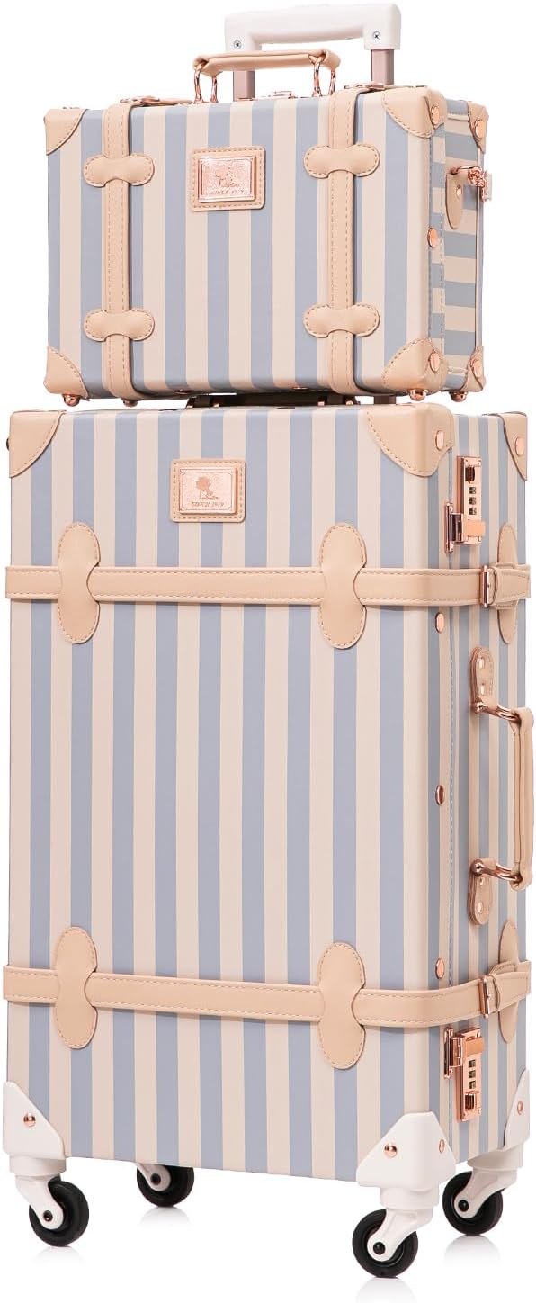 UNIWALKER Vintage Suitcase Set for Women, 2 Piece Retro Spinner Trunk Luggage with Cosmetic Handbag, 24'+12', Blue Strip