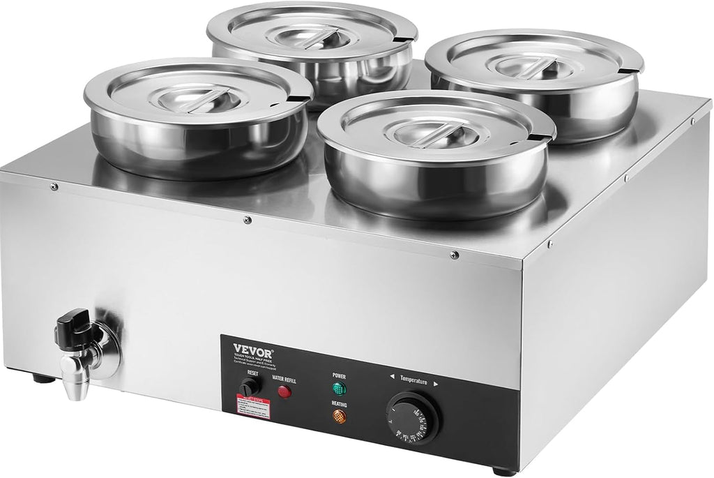 ETL Listed VEVOR Electric Soup Warmer, Four 7.4QT Stainless Steel Round Pot 86~185°F Adjustable Temp, 1500W Commercial Bain Marie with Anti-Dry Burn, Soup Station for Restaurant, Buffet, Silver