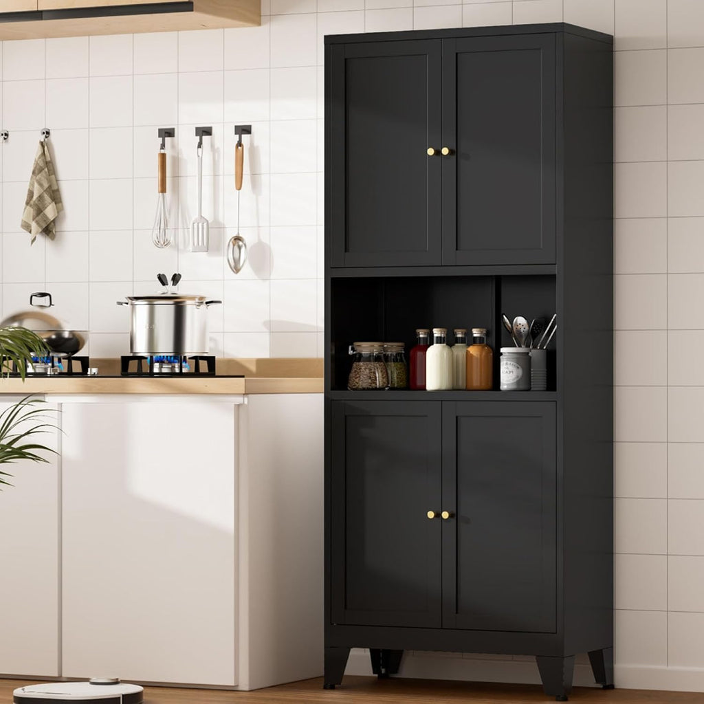 Metal Kitchen Pantry Cabinet, 69' Tall Black Storage Cabinet with 4 Doors and 3 Adjustable Shelves, Freestanding Cupboards with Microwave Stand for Dining Room, Living Room, Bathroom