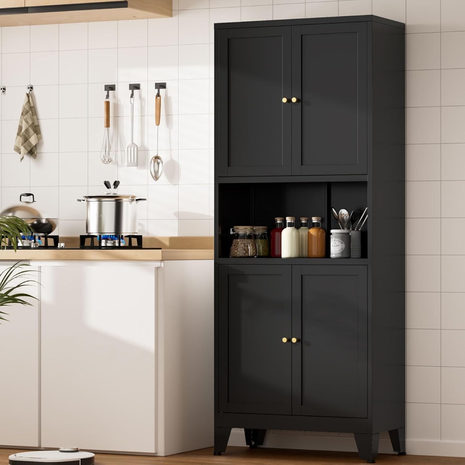 Metal Kitchen Pantry Cabinet, 69' Tall Black Storage Cabinet with 4 Doors and 3 Adjustable Shelves, Freestanding Cupboards with Microwave Stand for Dining Room, Living Room, Bathroom