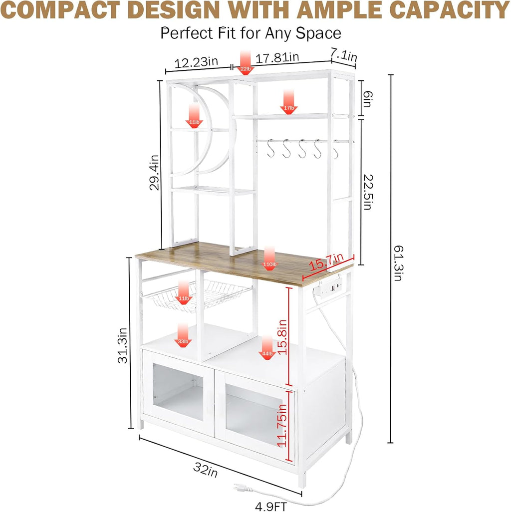 Uieke Bakers Rack with Power Outlet and Storage, Kitchen Bakers Rack with Cabinet & 10 Hooks, Coffee Bar Cabinet, Microwave Stand, 5 Tiers Kitchen Storage Rack for Dining Room & Small Spaces, White