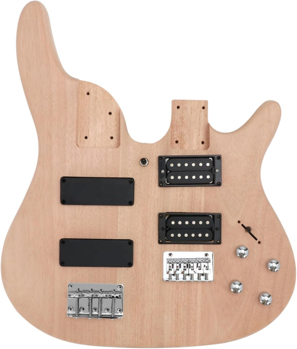 Double Neck DIY Electric Guitar and Bass Kit 6 String and 4 String Guitar Kit Right Handed with Mahogany Body Mahogany Neck Rosewood Fretboard Chrome Hardware Build Your Own Bass and Guitar.