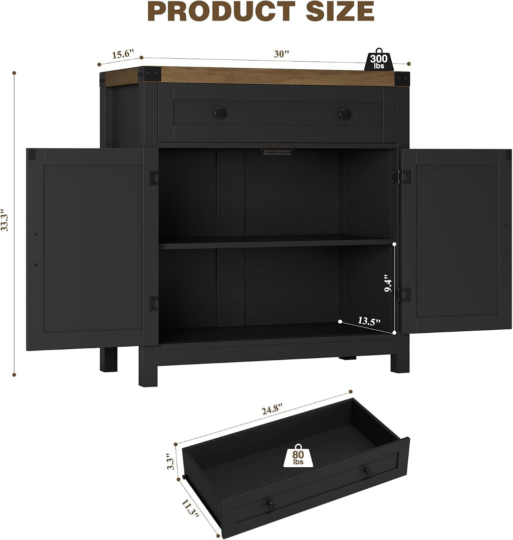 HOSTACK Coffee Bar Cabinet, Kitchen Storage Cabinet, Modern Farmhouse Buffet Sideboard with Drawer & Adjustable Shelf, Barn Door Accent Cabinets for Kitchen, Dining Room, Entryway, Black/Rustic Brown