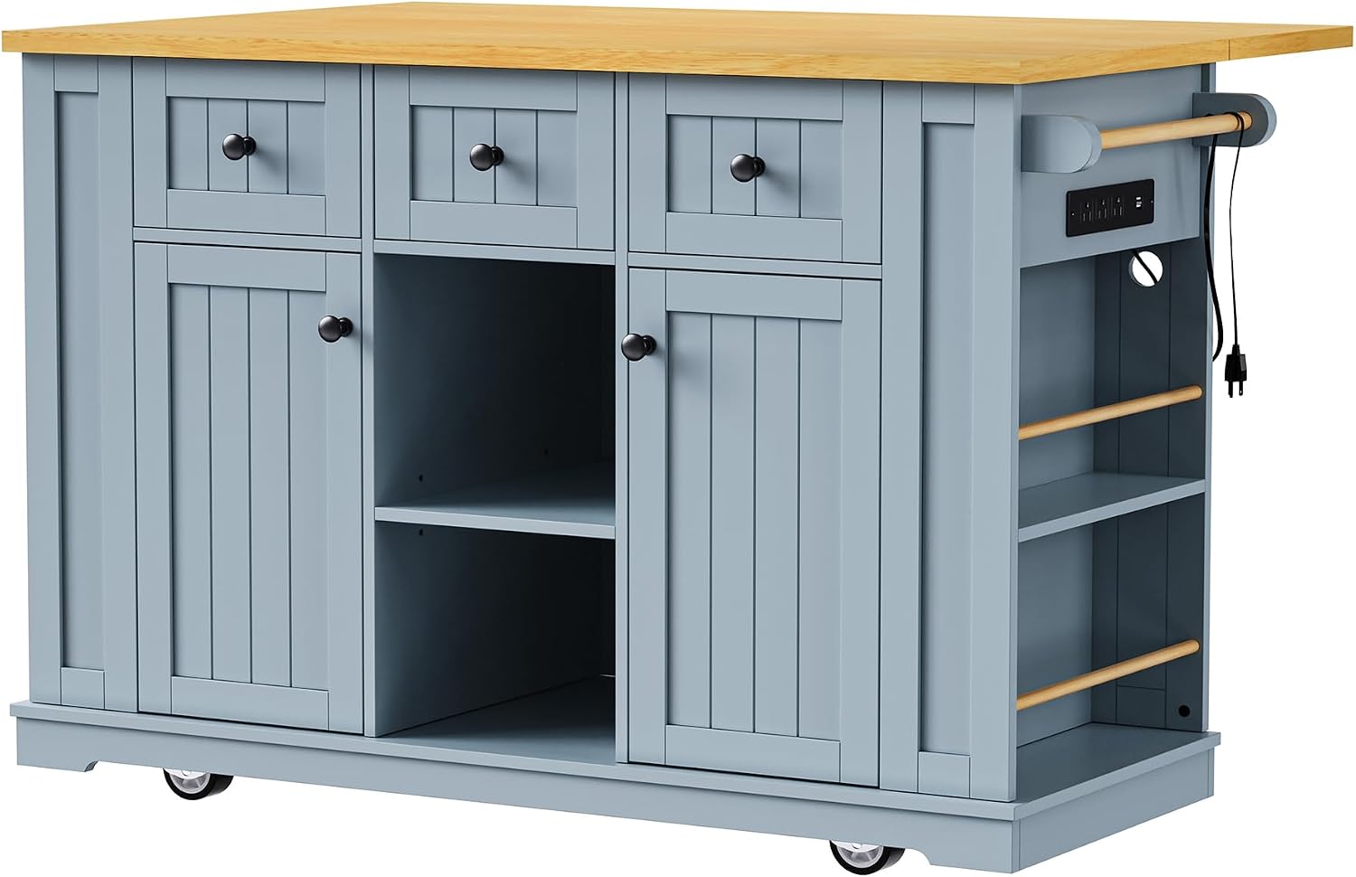 Kitchen Storage Island on Wheels with 2 Bar Stools, Rolling Drop Leaf Kitchen Island Cart with Power Outlet, Open Side Racks, Door Shelves and Towel Bar, 53-Inch, Grey Blule
