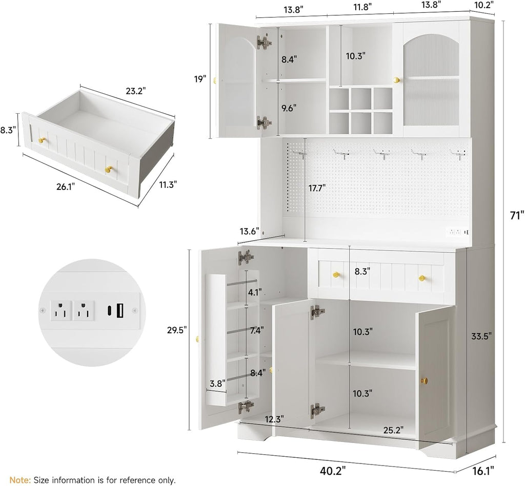 ONBRILL 71' Pantry Storage Cabinet with Microwave Shelf & Door Shelves, Kitchen Wood Pantry with Outlet & LED Light, Kitchen Hutch with DIY Pegboard & 6 Hook, Modern Cabinet with Drawer & Wine Rack