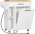 HOOBRO Kitchen Island with Trash Can Storage, Rolling Kitchen Island on Wheels, Kitchen Storage Island with Power Outlet, Mobile Islands Table for 10 Gallon Garbage Bin, Natural and White WN80UZD01G1