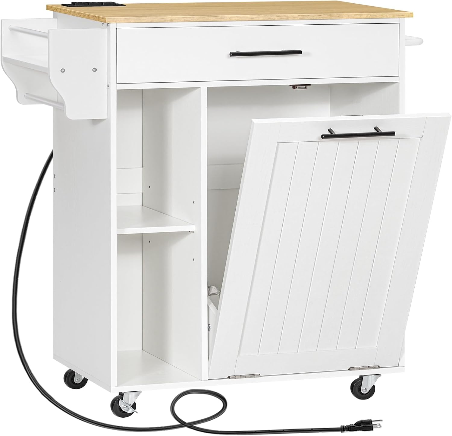 HOOBRO Kitchen Island with Trash Can Storage, Rolling Kitchen Island on Wheels, Kitchen Storage Island with Power Outlet, Mobile Islands Table for 10 Gallon Garbage Bin, Natural and White WN80UZD01G1