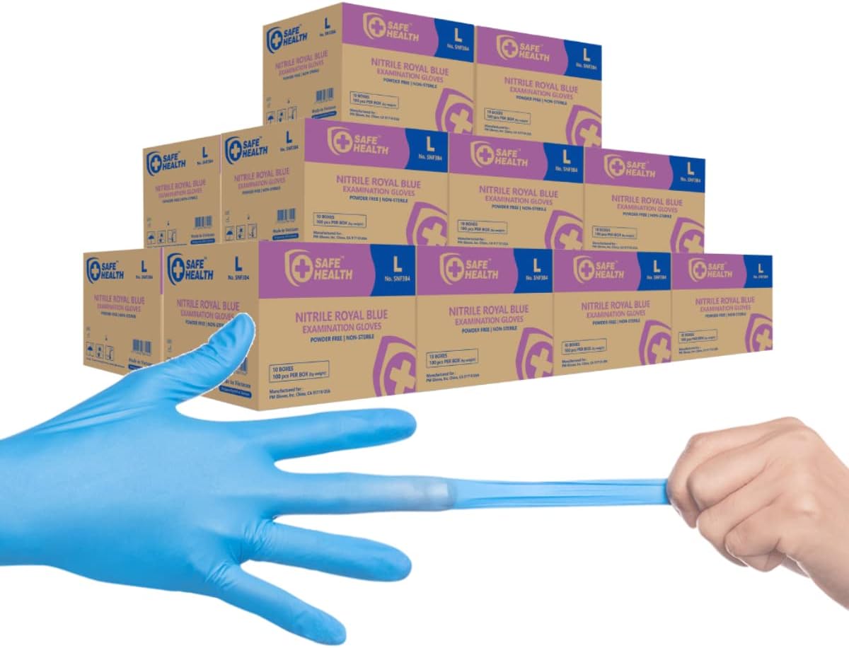 Safe Health Nitrile Exam Gloves, 3.5 Mil, Bulk of 16 Cases, Latex Free, Powder Free, Blue, Medical Care, Nursing, Cleaning