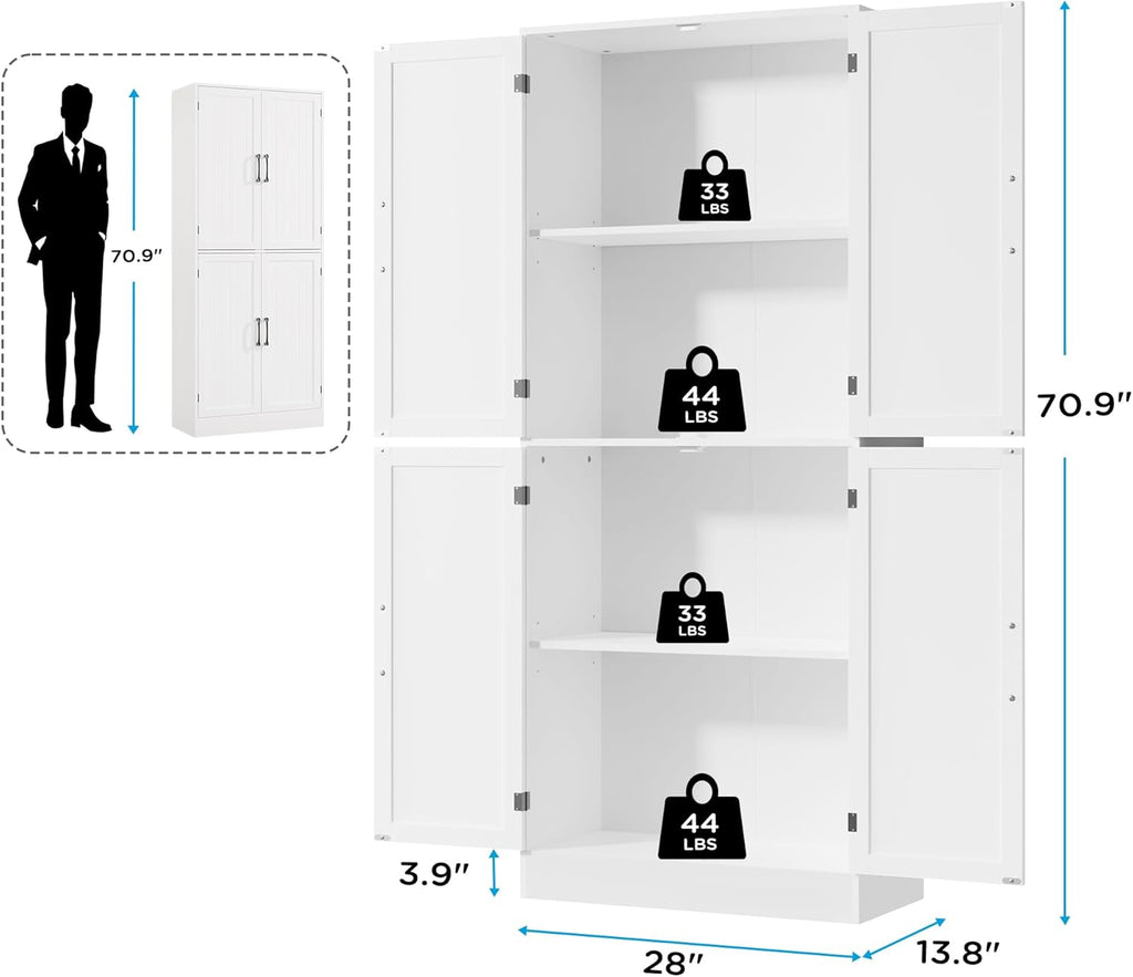 MHOM 71' Tall White Pantry Cabinet, Farmhouse Storage Cabinet with 4 Doors and Adjustable Shelves, Freestanding Pantry for Dining Room, Kitchen, and Living Room