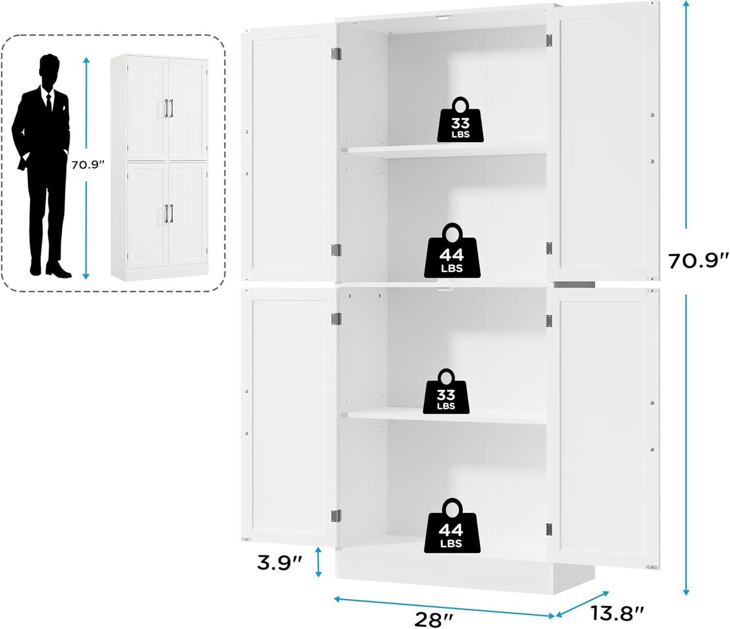 MHOM 71' Tall White Pantry Cabinet, Farmhouse Storage Cabinet with 4 Doors and Adjustable Shelves, Freestanding Pantry for Dining Room, Kitchen, and Living Room