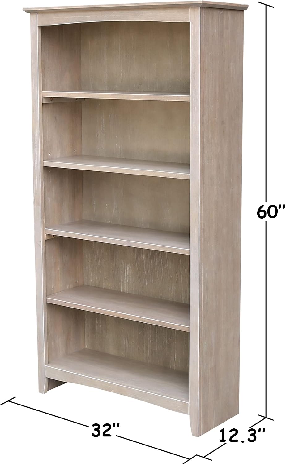 Shaker Solid Wood Bookcase, 60' High, Washed Gray Taupe