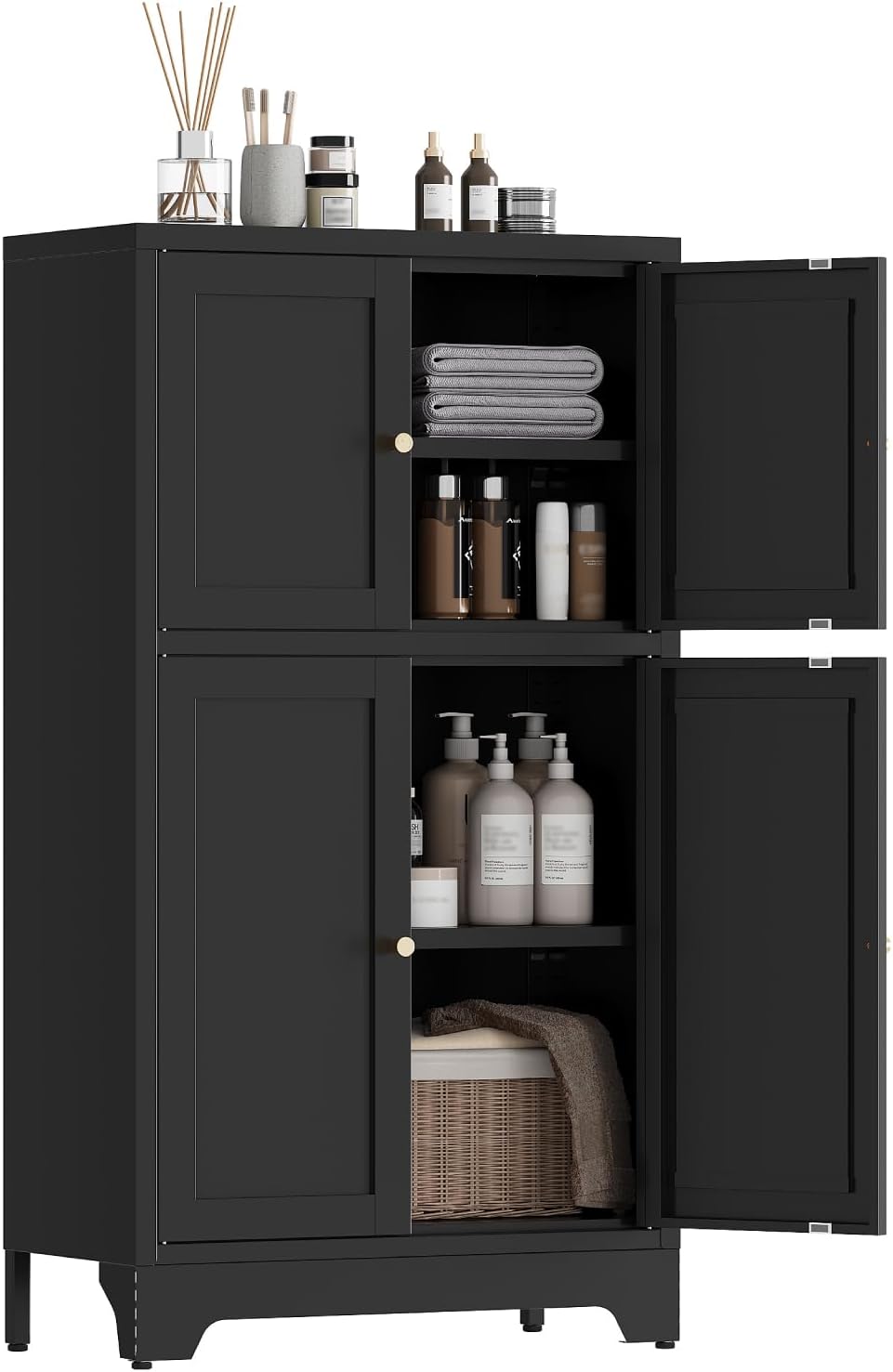 Metal Bathroom Storage Cabinet, Freestanding Pantry Floor Cabinet with 4 Doors and 2 Adjustable Shelves for Living Room, Dining Room, Kitchen