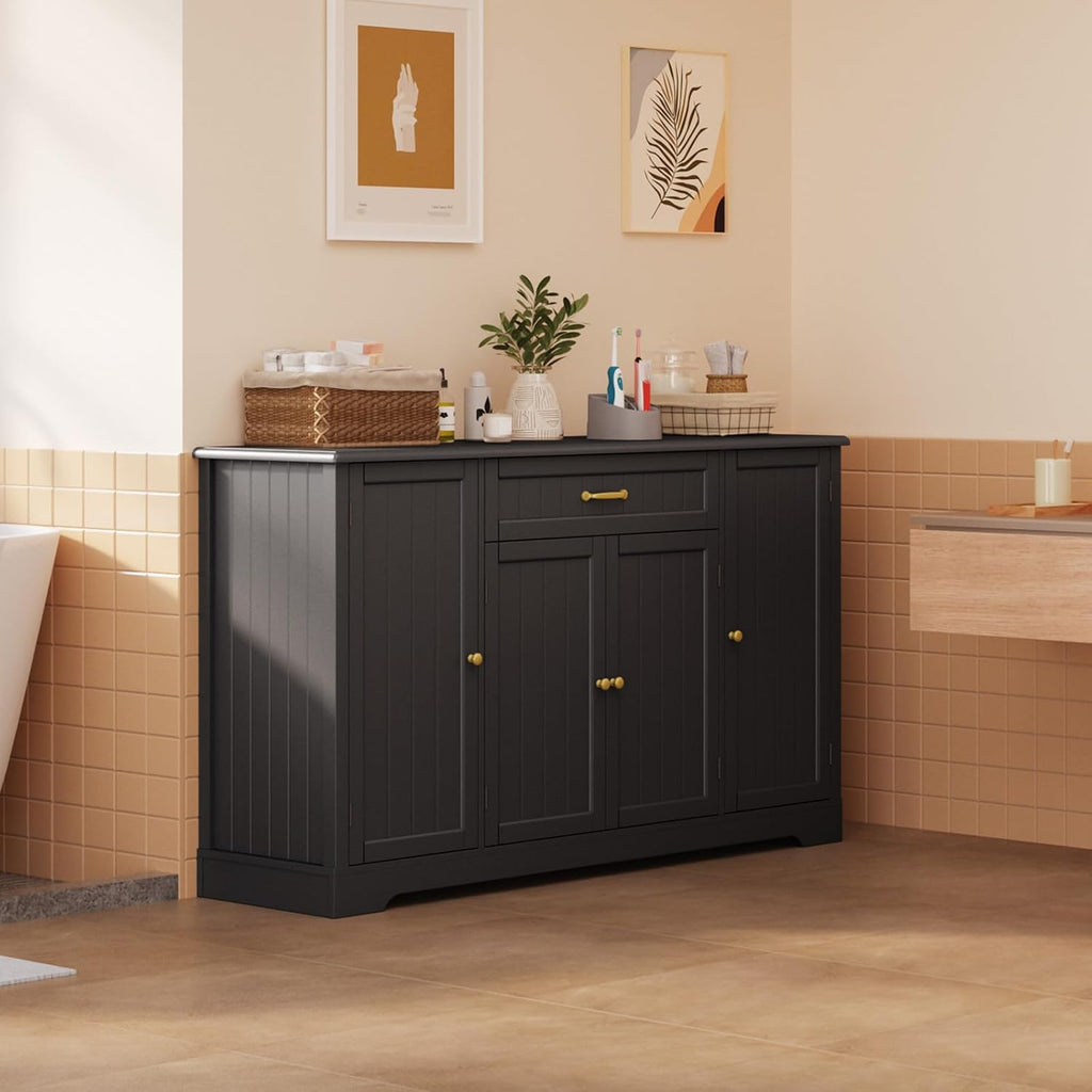 Gizoon 56' Kitchen Coffee Bar Cabinet with Storage Kitchen Sideboard Buffet Cabinet with Drawers, Short Pantry with Door and Shelves for Bathroom and Living Room, Black