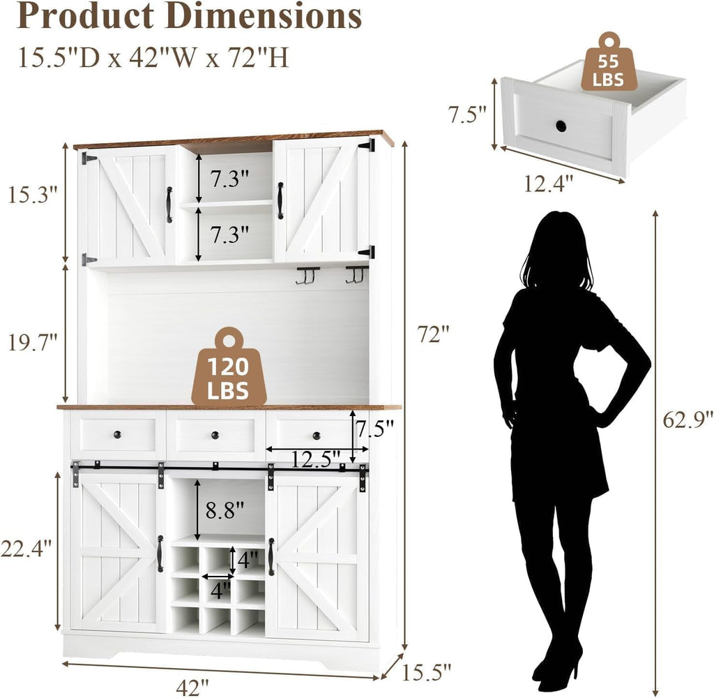 Farmhouse Coffee Bar Cabinet with Wine Rack, 72' Tall Kitchen Storage Cabinet with 3 Drawers, 9-Bottle Wine Holder, 6 Hooks, Sliding Barn Doors and Adjustable Shelves, for Dining Room, White