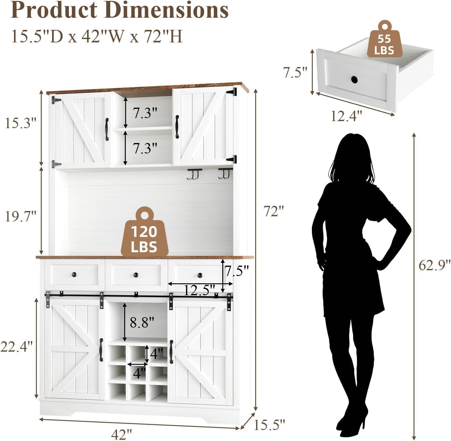 Farmhouse Coffee Bar Cabinet with Wine Rack, 72' Tall Kitchen Storage Cabinet with 3 Drawers, 9-Bottle Wine Holder, 6 Hooks, Sliding Barn Doors and Adjustable Shelves, for Dining Room, White
