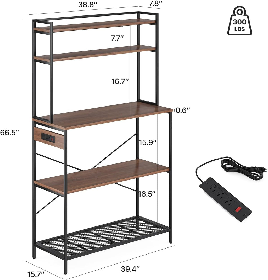 Large 5 Tier Bakers Rack with Electrical Outlets, 39 Inch Microwave Stand Coffee Bar, Kitchen Storage Shelf for Home, Counter Space Organizer