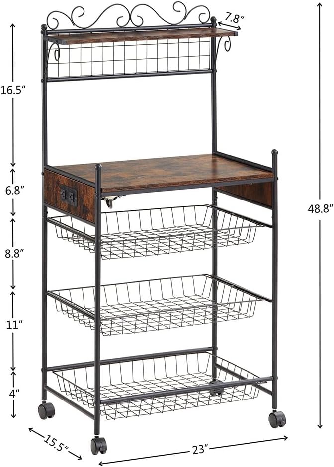 Large Bakers Rack Microwave Stand with Power Outlets & Oven shelf Wire Basket, Kitchen Storage Shelf with Wheels and Removable Micorwave Coffee Bar for Living Room, Spice, Pots and Pans Organiz