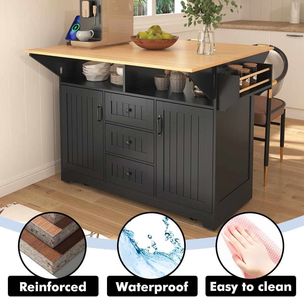Kitchen Island with 2 Drop Leaf, Home Cart Island on Wheels Foldable Dining Table with Power Outlets,3 Drawers,Storage Cabinet, Tower Rack(Black)