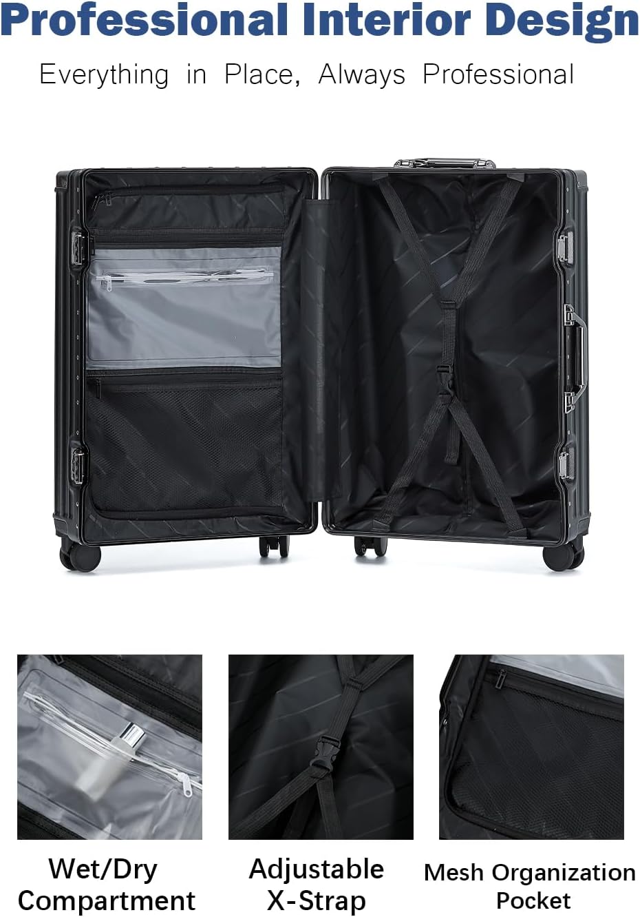 HotWay 24 Inch Aluminum Frame Luggage with Spinner Wheels, PC Hard Shell Suitcase with Cup Holder, Zipperless Luggage for Business Travel, Black