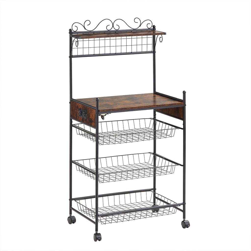 Large Bakers Rack Microwave Stand with Power Outlets & Oven shelf Wire Basket, Kitchen Storage Shelf with Wheels and Removable Micorwave Coffee Bar for Living Room, Spice, Pots and Pans Organiz