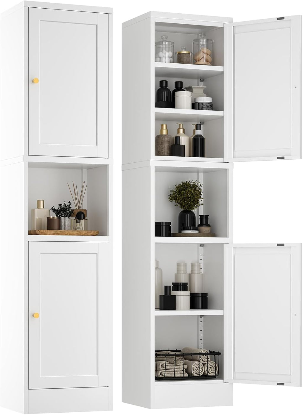 YAUWOH 2-Door Metal Storage Cabinet, Tall Slim Pantry Organizer with 3 Adjustable Shelves (120LBS/Shelf), Anti-Tipping Waterproof Cabinet for Bathroom/Kitchen/Home Office/Small Spaces, (1PC,White)