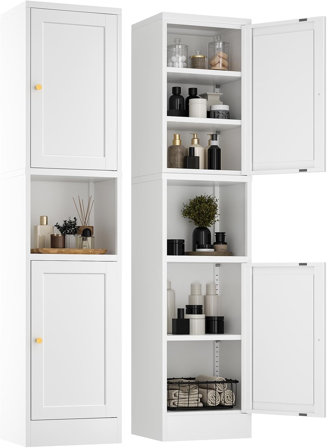 YAUWOH 2-Door Metal Storage Cabinet, Tall Slim Pantry Organizer with 3 Adjustable Shelves (120LBS/Shelf), Anti-Tipping Waterproof Cabinet for Bathroom/Kitchen/Home Office/Small Spaces, (1PC,White)