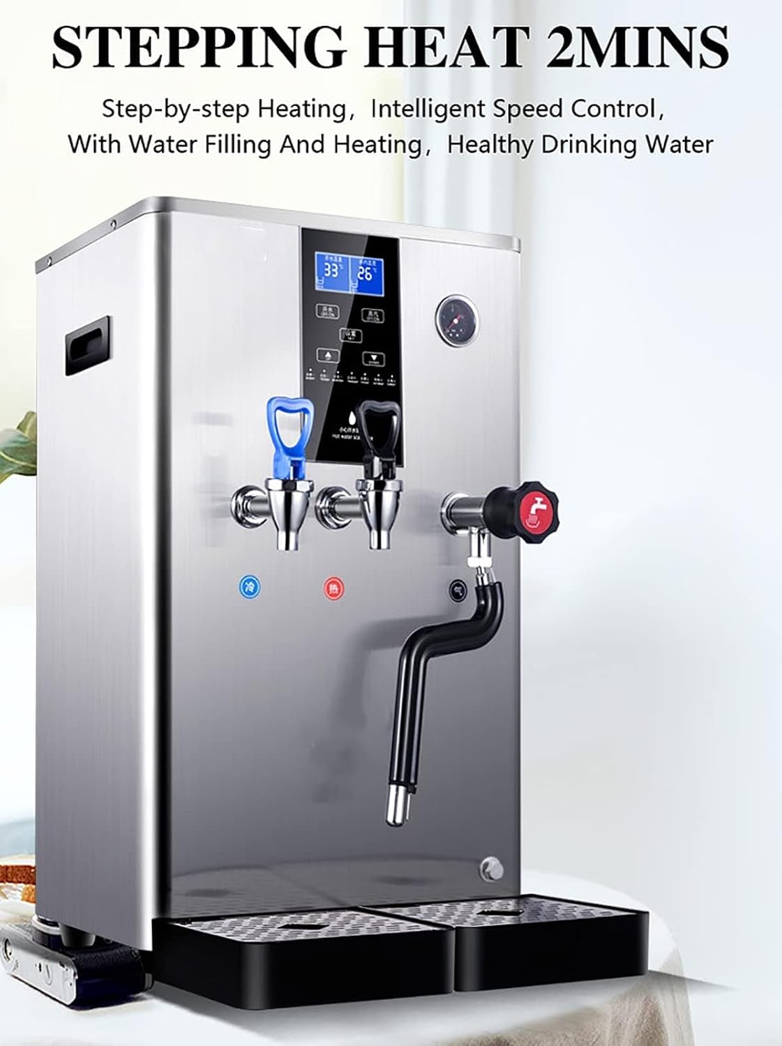 Commercial Steam Milk Frother 3000W Double Head Hot&Cold Water Heaters,20L Steam Milk Foam Machine Adjustable Temperature Control Milk Tea Equipment
