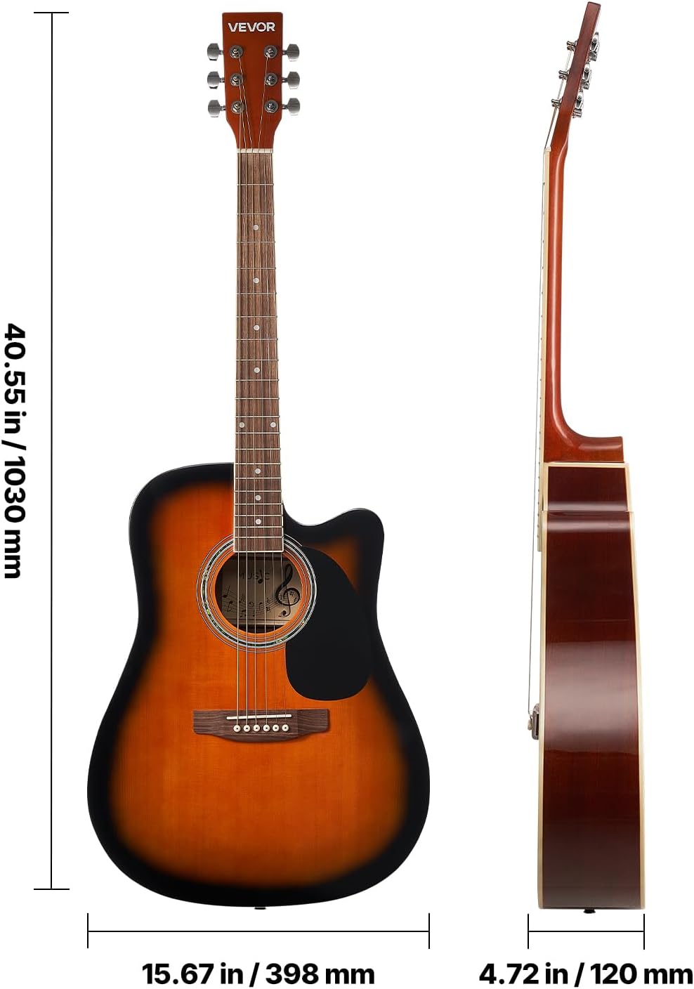 VEVOR 41 in Cutway Acoustic Guitar, 6-String, Sunburst Solid Spruce Top Guitar, Beginner Bundle with Gig Bag, Tuner, Strap, Steel Strings, Picks, Capo, Rosewood Fingerboard, for Fingerstyle Solo Jazz