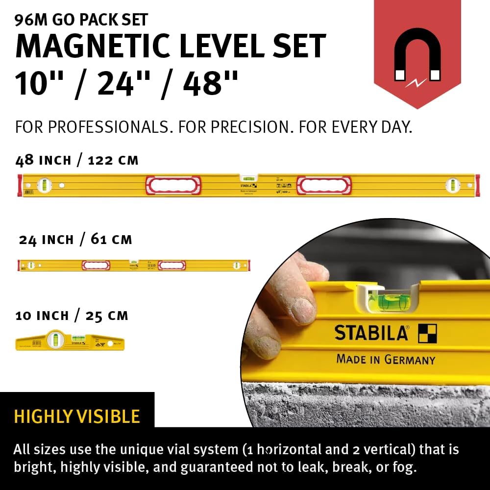 STABILA TYPE 96M Magnetic Level Set, Includes 48 and 24 Inch Levels, Torpedo and Carry Case, Cat. Number 48380