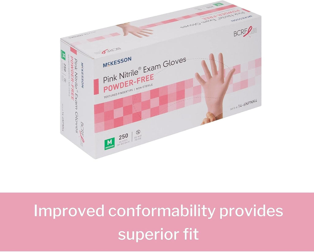 McKesson Pink Nitrile Exam Gloves - Powder-Free, Latex-Free, Ambidextrous, Textured Fingertips, Non-Sterile - Size Medium, 250 Count, 10 Boxes, 2500 Total