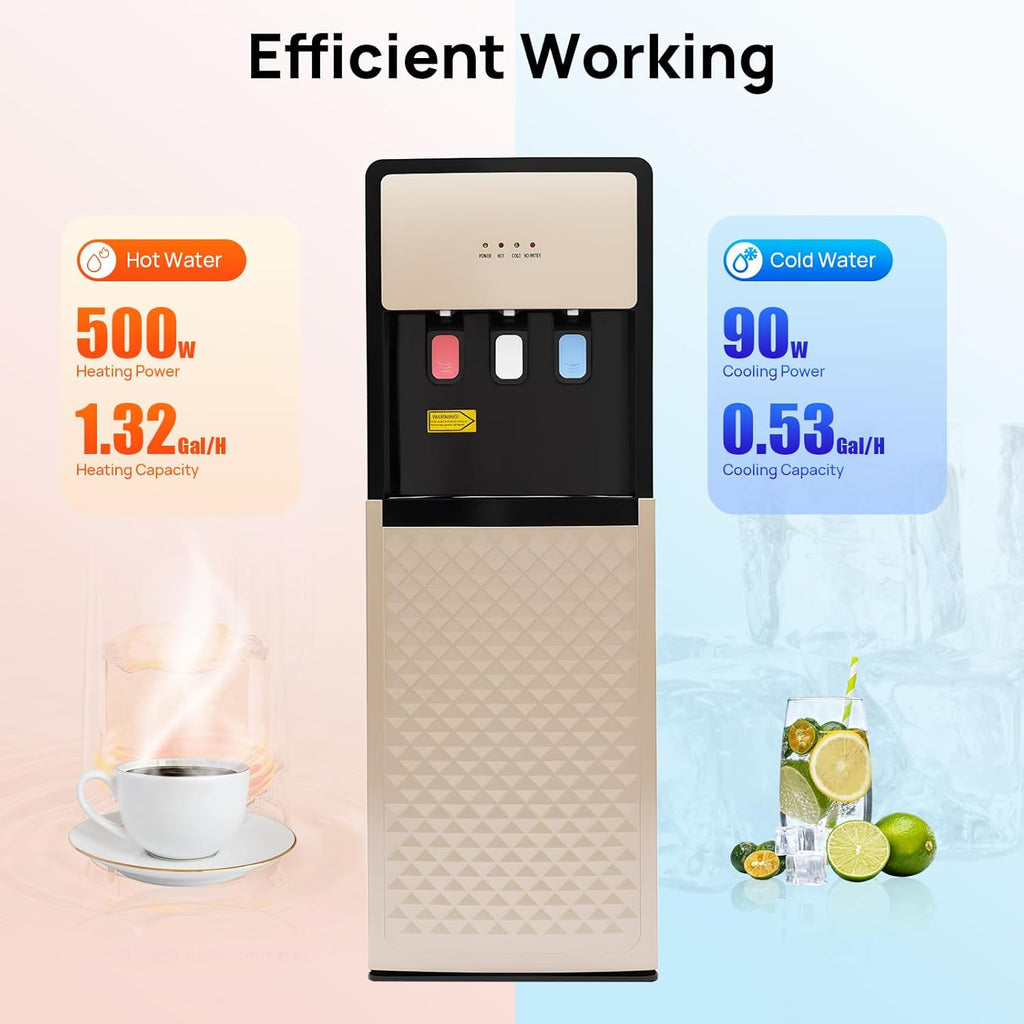 Bottom Loading Water Cooler Dispenser, 500W Hot and Cold Water Cooler with 3 Temperature Settings - Hot Cold & Room for Home Apartment Office Water Capacity 2L(Cold) & 5L(Hot) SJYTD-6 Gold