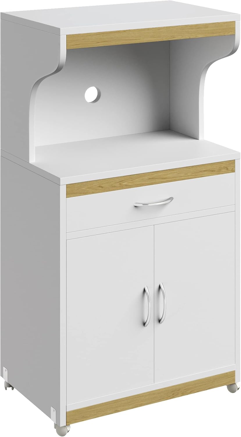 Microwave Stand with Storage – Rolling White Cabinet with Doors, Drawer, and Locking Wheels – Freestanding Wood Cart by Lavish Home (White and Oak)
