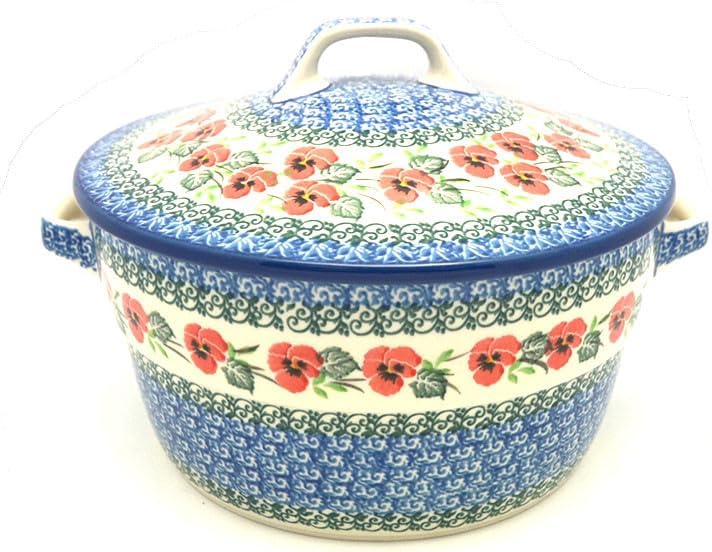 Polish Pottery Baker - Round Covered Casserole - Red Pansy