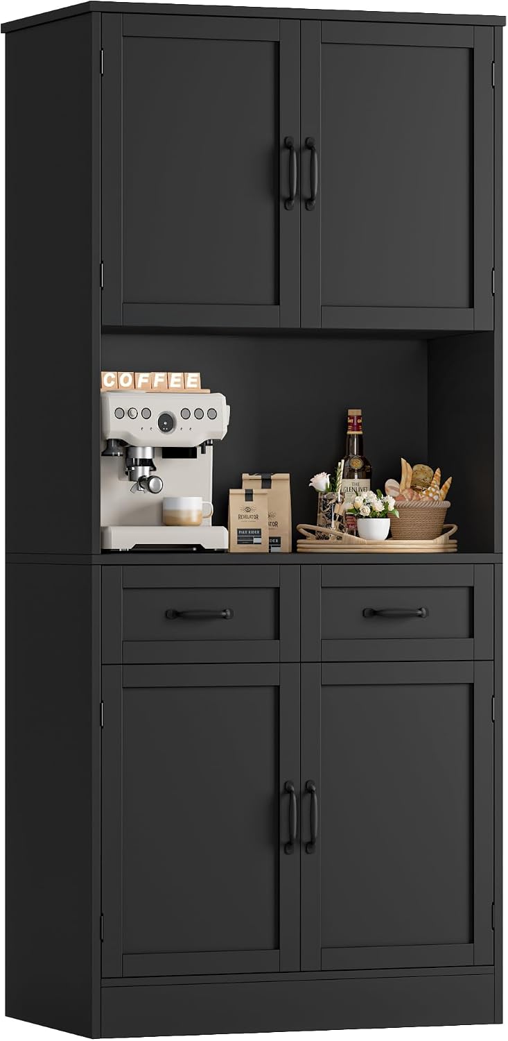 HOSTACK 71' Tall Kitchen Pantry Storage Cabinet, Modern Kitchen Hutch Bar Cabinet with Microwave Stand, Wood Buffet Sideboard with Hutch, Cupboard with Drawers, Shelves for Dining Room, Black