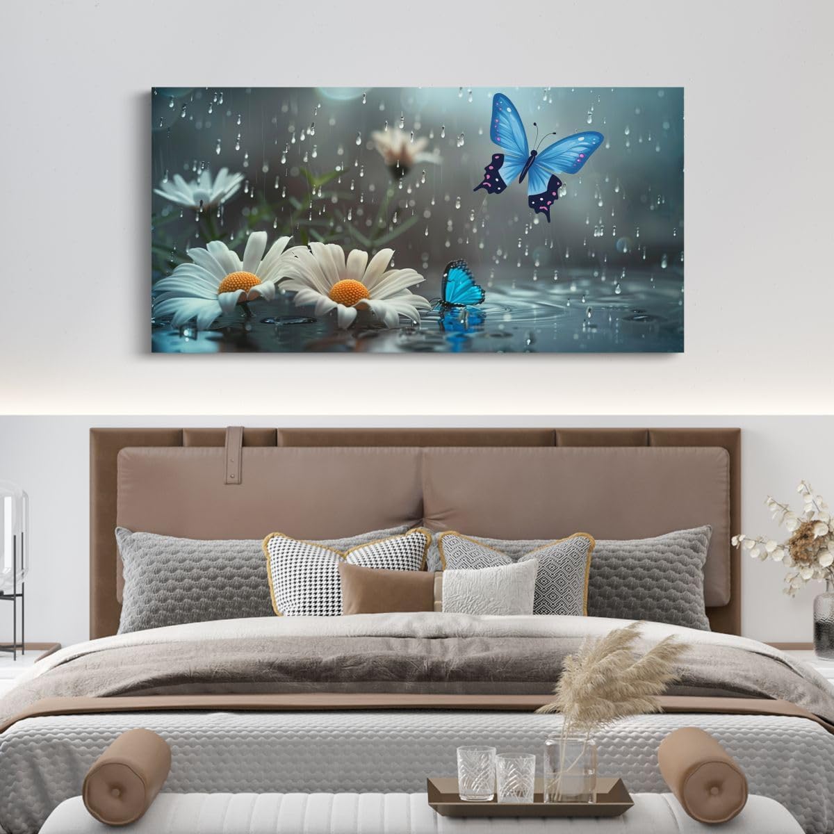 Erosebridal Water Droplets Large Canvas Wall Art 58'X29' Butterfly Artwork for Kids Boys Girls Butterflies Daisy Fog Dreamy Blue Wall Art Painting Bud Retro 3D Flower Pattern Poster