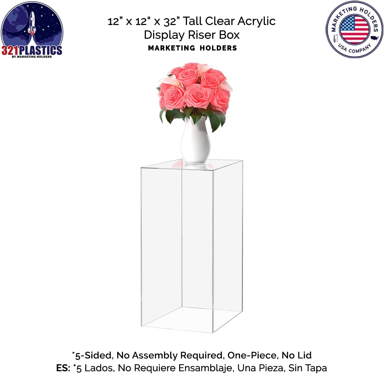 Tall Flower Tower Clear Acrylic 12' x 12' x 32' with Base Pedestal 5 Sided Vertical Box Collectible Items Elevated Showcase by Marketing Holders