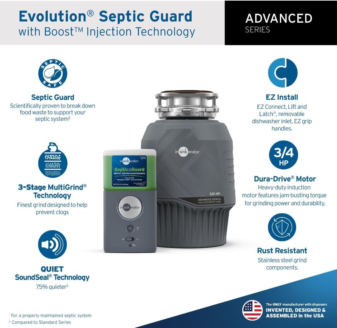INSINKERATOR Evolution Septic Guard 3/4 HP Garbage Disposal, Advanced Series EZ Connect Continuous Feed Food Waste Disposer and INSINKERATOR BOOST System with Septic Guard