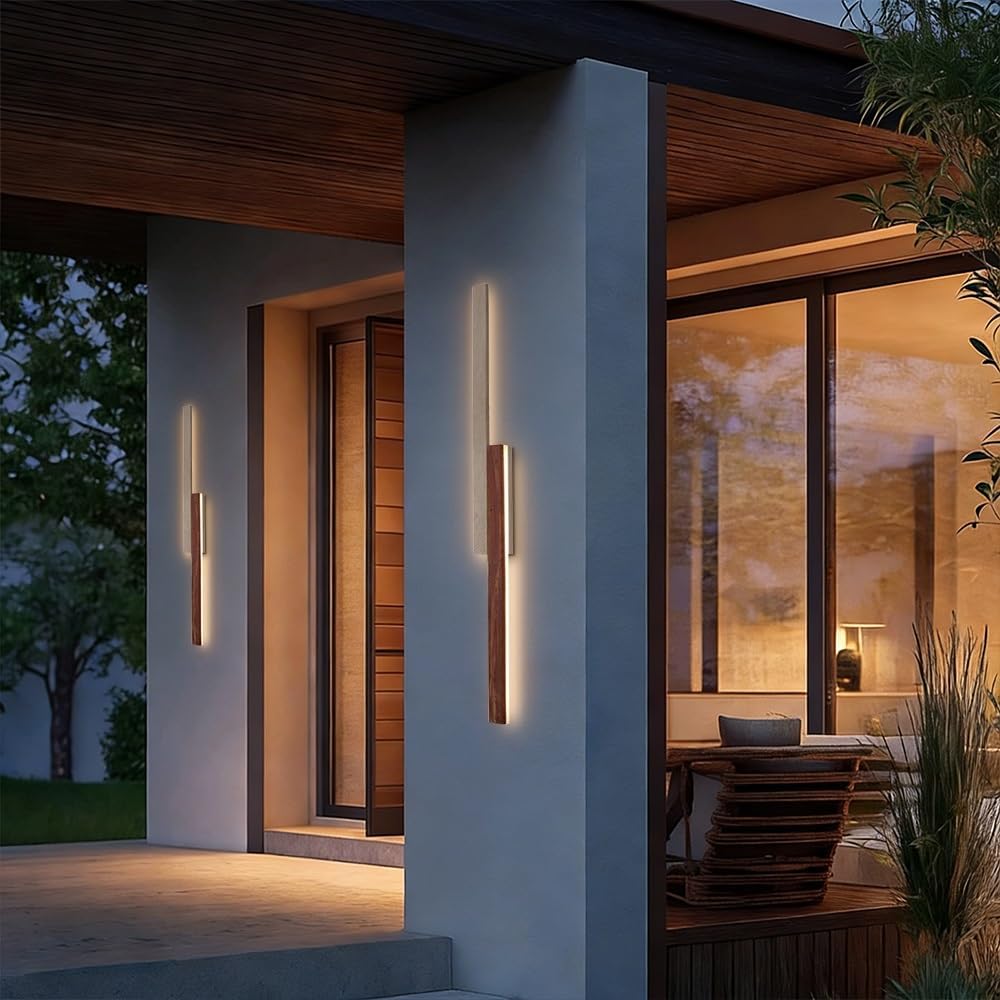 Outdoor Wall Light LED Linear Wall Sconce 47.2' Long Travertine Sconces Porch Lighting Fixture, Natural Stone Wood Wall Mounted Lamps for Outside House Patio Garage Entryway