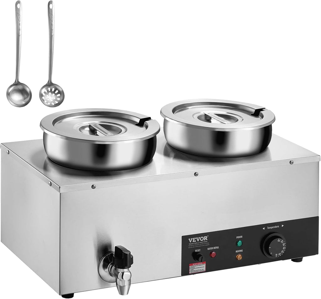 ETL Listed Electric Soup Warmer, Dual 7.4QT Stainless Steel Round Pot 86~185°F Adjustable Temp, 1200W Commercial Bain Marie with Anti-Dry Burn, Soup Station for Restaurant, Buffet, Silver