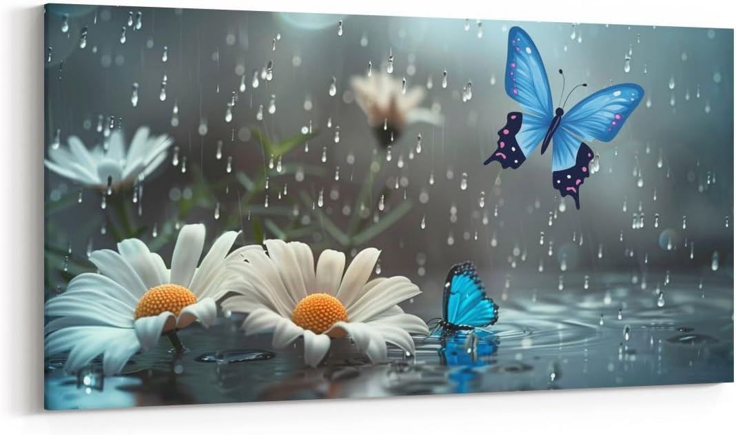 Erosebridal Water Droplets Large Canvas Wall Art 58'X29' Butterfly Artwork for Kids Boys Girls Butterflies Daisy Fog Dreamy Blue Wall Art Painting Bud Retro 3D Flower Pattern Poster