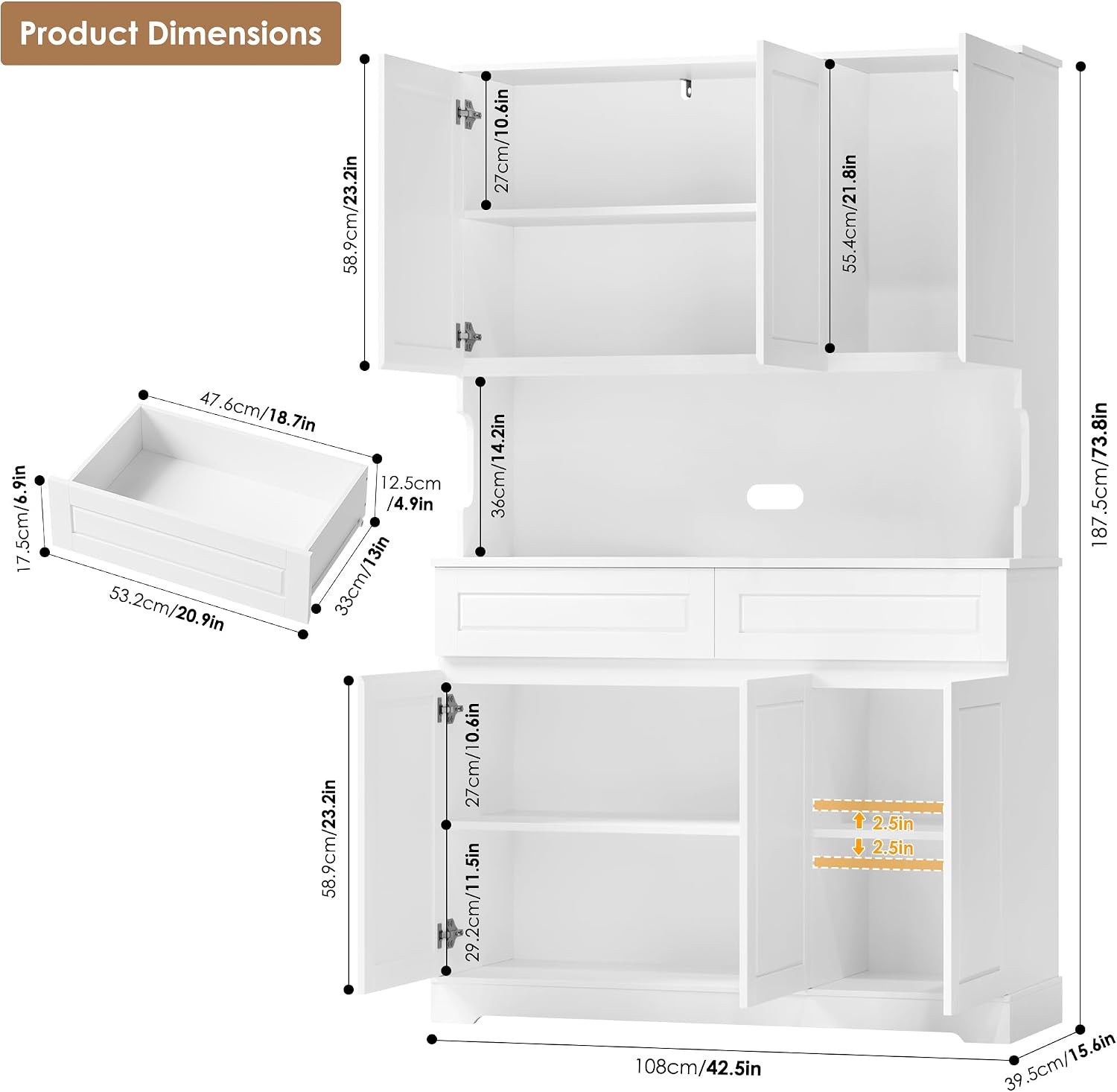 FACBOTALL 74' Pantry Cabinet, Tall Kitchen Pantry Cabinet with 6 Doors and 2 Drawers, Kitchen Hutch with Wide Countertop, Modern Kitchens Cupboard with Adjustable Shelves and Charge Holes, White
